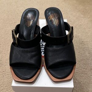 Charlotte Stone Black Leather Open-Toe Sandals/Mules with Gold Buckles 5